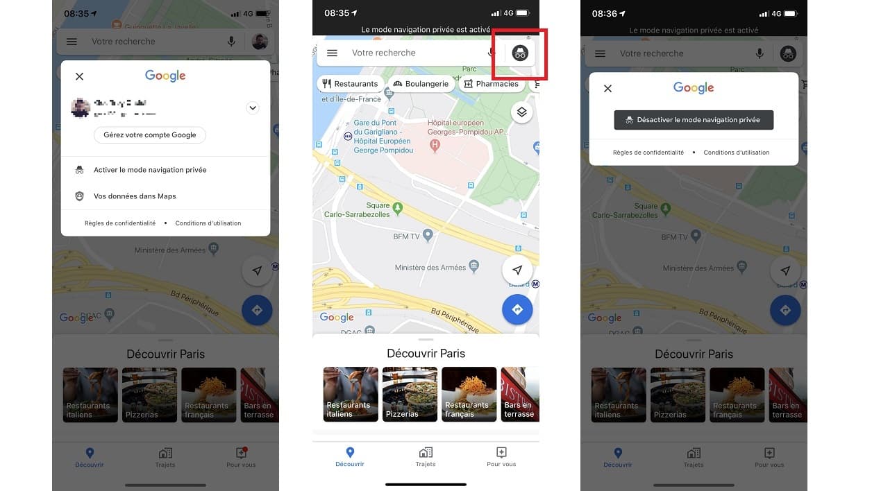 Mobile, Google map en mode privée